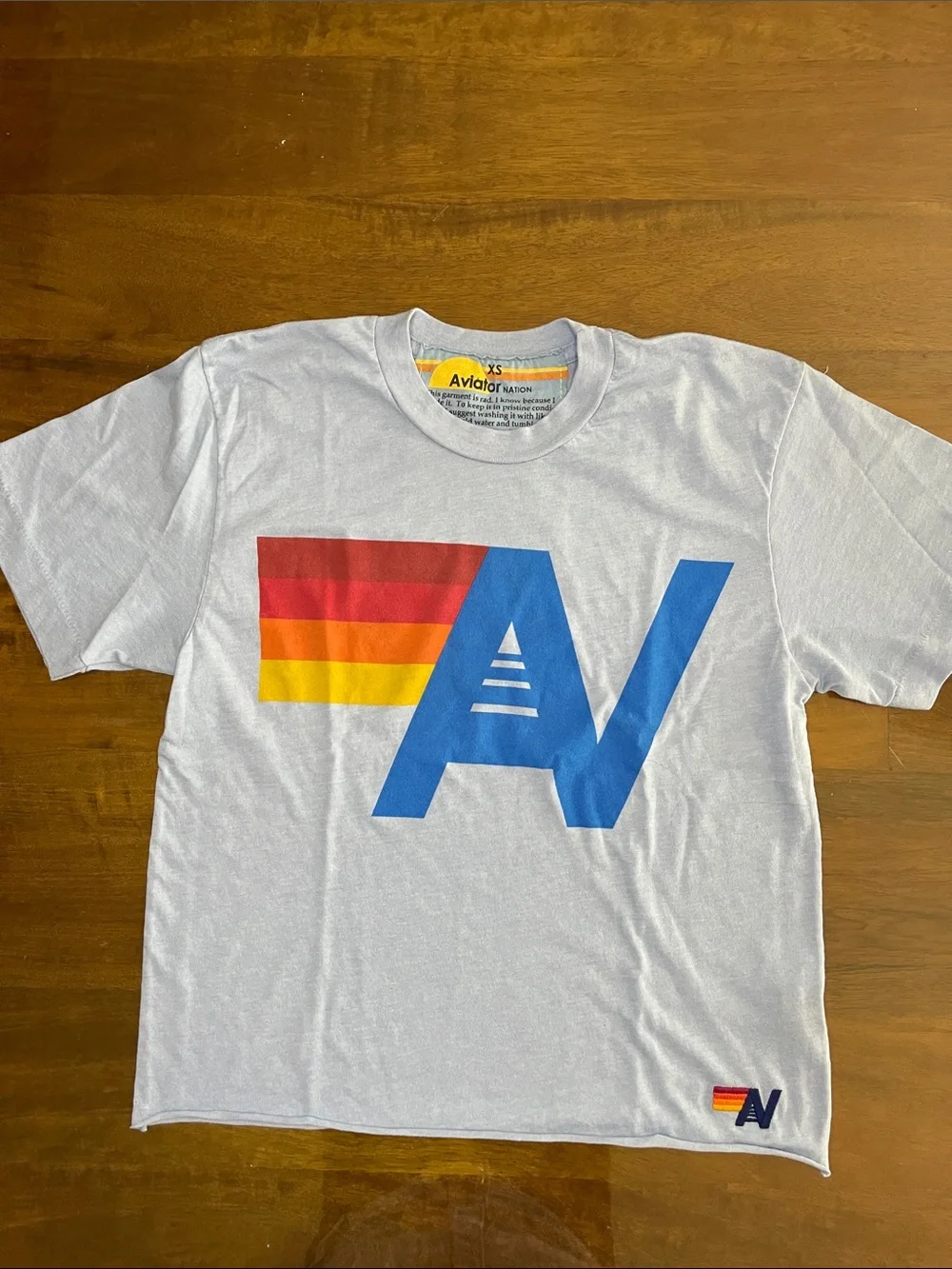 Aviator Nation Kids White Tee with Blue Logo & Rainbow Stripes